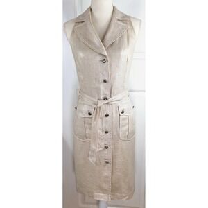Escada Natural‎ Silver Metallic Button Front Linen Shirt Dress Eu 34 / US XS